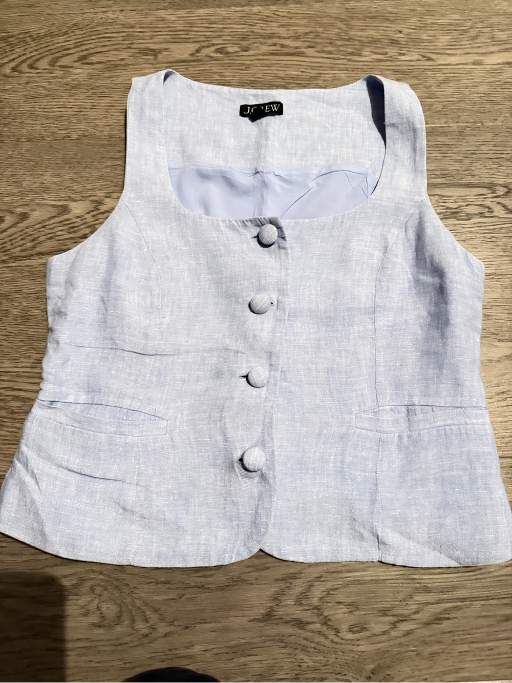 J. Crew Pale Blue Linen-Blend Sleeveless Button Crop Top